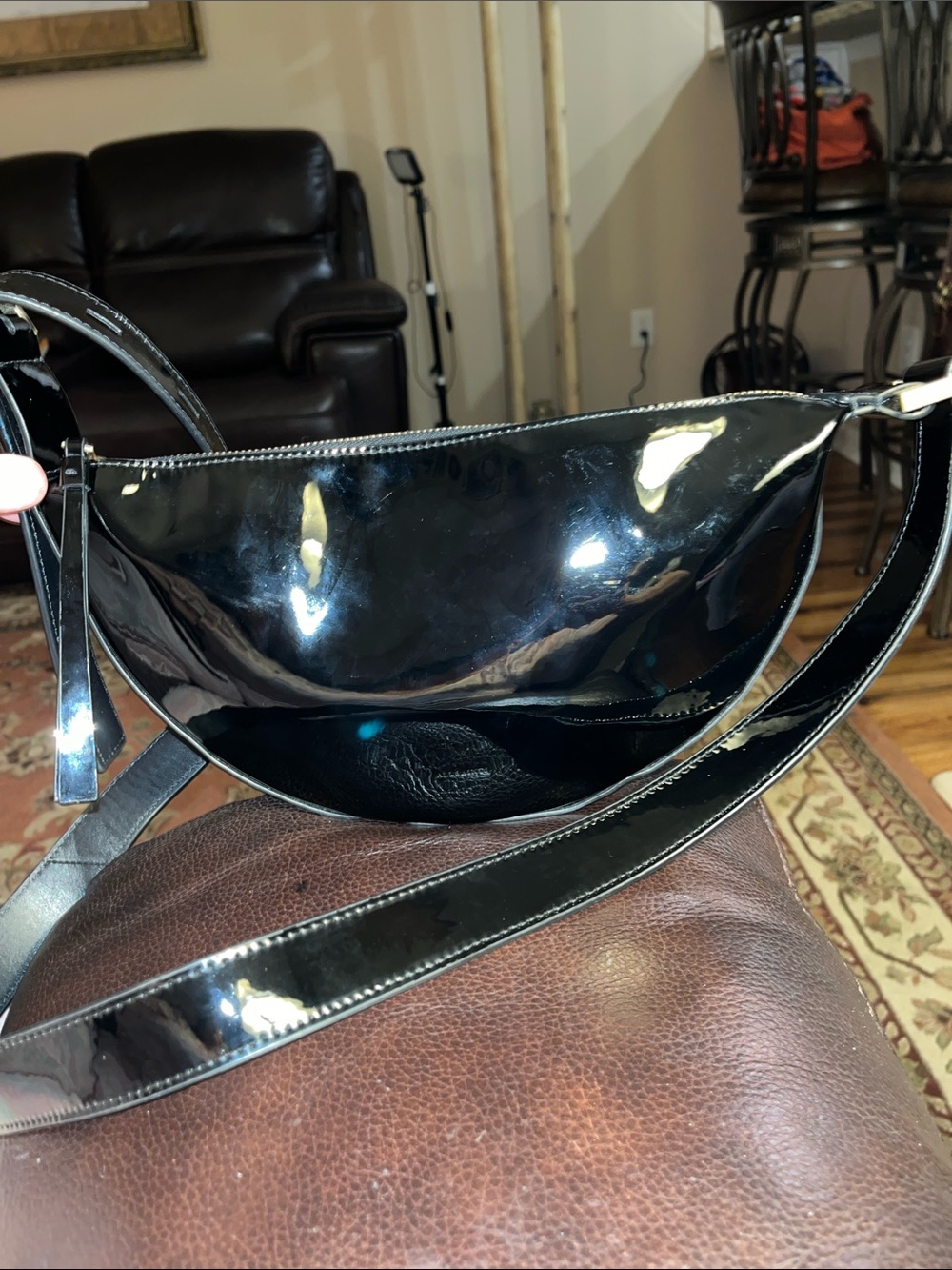 All Saints Half Moon Shiny Patent Leather Crescent Silhouette Crossbody